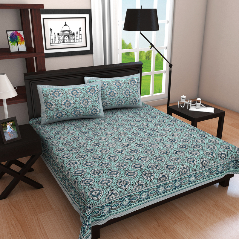 Indigenous Handicrafts Hand Block Printed Percale Cotton Bedsheet With 2 Pillow Covers